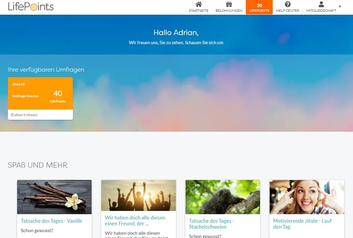 Dashboard Lifepoints Bezahlte Umfragen auf Lifepoints