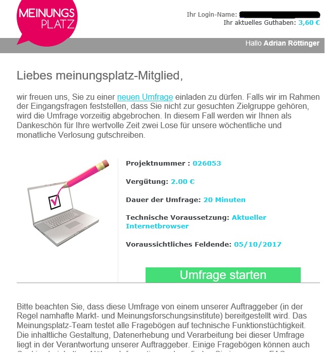 Email von Meinungsplatz Meinungsumfrage von Meinungsplatz